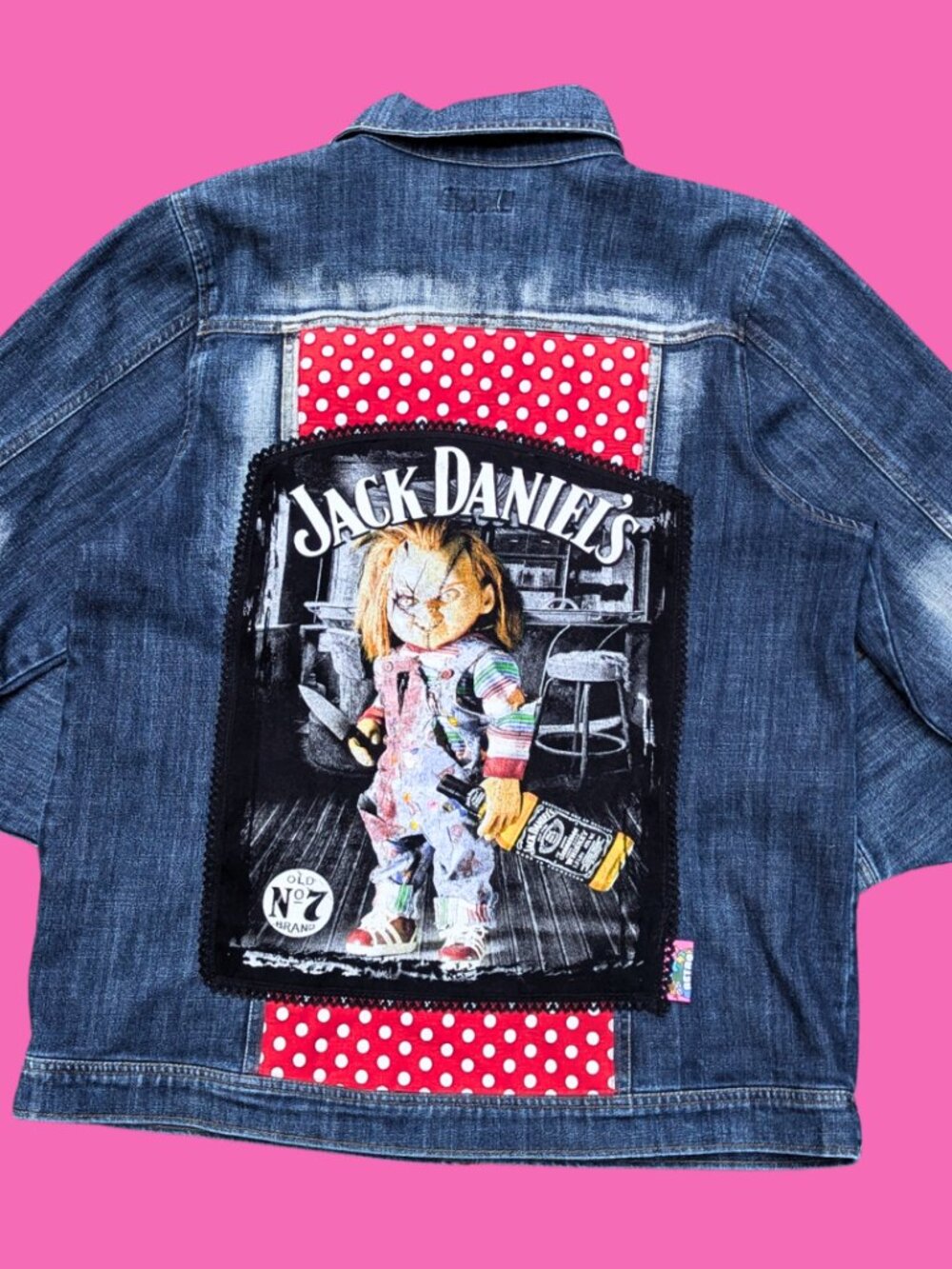 Chucky and Jack Daniels Upcycled T-Shirt Denim Jacket Size XL for Women